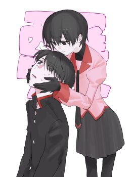 10_fu 1boy 1girl ahoge alternate_hairstyle araragi_koyomi black_eyes black_gloves black_hair black_jacket black_necktie black_pantyhose black_shirt black_skirt breasts c: closed_mouth collared_shirt commission dress_shirt empty_eyes front-to-back gakuran gloves hair_between_eyes hair_over_one_eye hands_on_another's_face high_collar highres jacket juliet_sleeves light_smile long_sleeves looking_down looking_up monogatari_(series) naoetsu_high_school_uniform necktie nervous nervous_sweating oshino_ougi pale_skin pantyhose parted_lips pink_shirt puffy_long_sleeves puffy_sleeves red_trim school_uniform shirt short_hair simple_background sitting skeb_commission skirt small_breasts smile sweat text_background turtleneck undershirt very_short_hair white_background