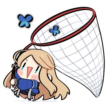 1girl :d arm_up barefoot blonde_hair blue_butterfly blue_coat blue_eyes blush_stickers bug butterfly butterfly_net chibi coat commentary diana_(pragmata) english_commentary full_body hand_net highres holding holding_butterfly_net insect long_hair long_sleeves open_mouth oversized_object padded_coat pragmata puffy_long_sleeves puffy_sleeves simple_background smile solo triangle_mouth very_long_hair white_background yuudai1998