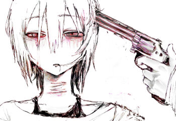 1girl bloodshot_eyes bra_strap chewing drooling gun gun_to_head hair_in_own_mouth handgun highres holding holding_gun holding_weapon imminent_suicide looking_at_viewer mqd0i off_shoulder original playing_with_own_hair portrait scar scar_on_neck self-harm short_hair slit_throat solo sweater weapon