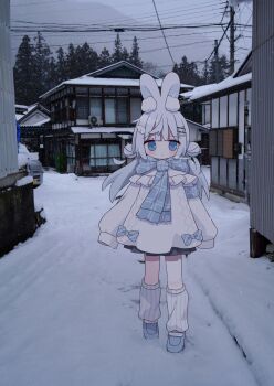 1girl animal_ears blue_eyes blue_scarf commentary_request hair_ornament highres long_hair looking_at_viewer nakkar original outdoors photo_background rabbit_ears rabbit_girl scarf sleeves_past_fingers sleeves_past_wrists snow solo