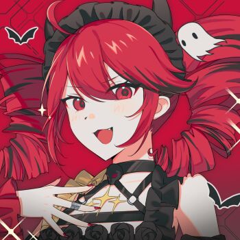 1girl :3 :d bare_shoulders bat_(animal) black_choker black_hair black_headdress black_horns black_shirt choker detached_sleeves double-parted_bangs drill_hair fang frilled_shirt frilled_sleeves frills from_below ghost hair_between_eyes hand_on_own_chest hand_up hashtag-only_commentary headdress highres horns jewelry kasane_teto kasane_teto_(halloween) long_sleeves looking_at_viewer medium_hair multicolored_hair nail_polish o-ring official_alternate_costume open_mouth portrait red_background red_eyes red_hair red_nails ring shirt simple_background sleeveless sleeveless_shirt smile solo sparkle streaked_hair sunoom09 tongue twin_drills two-tone_hair utau v-shaped_eyebrows