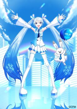 1girl :d blue_eyes blue_hair blue_necktie blue_shirt blue_sky blue_theme boots cloud company_name copyright_notice detached_sleeves full_body gradient_hair hatsune_miku highres itogari long_hair long_sleeves miniskirt multicolored_hair multicolored_shirt necktie one_eye_closed open_mouth pleated_skirt rabbit_yukine rainbow reflection shirt skirt sky smile solo standing teeth thigh_boots tie_clip tongue twintails two-tone_necktie upper_teeth_only very_long_hair vocaloid white_boots white_necktie white_shirt white_skirt white_sleeves yuki_miku