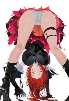1girl absurdres anger_vein arknights arknights:_endfield ass black_boots black_dress black_gloves black_horns boots breasts commentary_request covered_erect_nipples dress gloves high_heel_boots high_heels highres horns kneepits laevatain_(arknights) large_breasts long_hair looking_at_viewer mikuning paid_reward_available panties red_hair simple_background solo surtr_(arknights) top-down_bottom-up underwear variant_set white_background white_panties wince