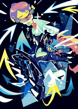1girl 1other absurdres armor battle black_sclera boss_fight colored_sclera colored_skin fins fish_girl frisk_(undertale) gogeyama head_fins high_contrast highres holding holding_polearm holding_weapon polearm red_soul_(utdr) sharp_teeth soul_(utdr) spear teeth tutu undertale undyne undyne_the_undying utdr_(toby_fox) weapon yellow_skin