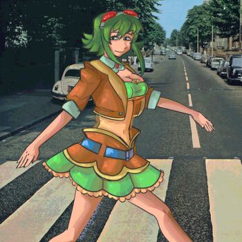 1girl abbey_road belt breasts buttons car cleavage closed_mouth crop_top frilled_skirt frills from_side gem goggles goggles_on_head green_hair green_sports_bra green_trim gumi gumi_(v3_megpoid) hatsuno jacket large_breasts looking_at_viewer motor_vehicle open_clothes open_jacket orange_jacket orange_skirt outdoors photo_background red-tinted_eyewear road short_hair_with_long_locks skirt smile solo sports_bra the_beatles tinted_eyewear tree underboob vocaloid walking white-framed_eyewear