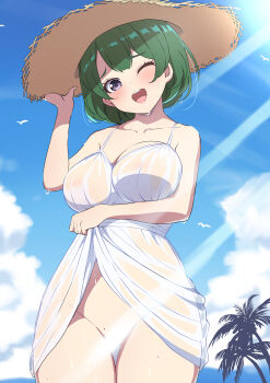 Rule 34 | 1girl, :d, bare arms, bird, blue sky, blush, breasts, censored, clothes lift, cloud, collarbone, commentary request, day, dress, dress lift, exhibitionism, green hair, hat, highres, large breasts, light censor, mole, mole on crotch, no panties, one eye closed, open mouth, original, outdoors, palm tree, public indecency, purple eyes, sakamata (sakamata4), seagull, see-through clothes, see-through dress, short hair, sidelocks, sky, smile, solo, standing, straw hat, sunlight, sweat, teeth, tree, upper teeth only, white bird, white dress