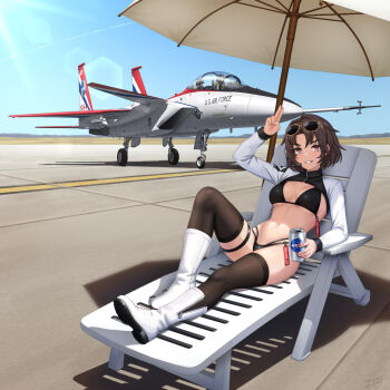 aircraft airplane beach_umbrella black_bra black_panties black_thighhighs boots bra breasts brown_hair chaise_longue character_request copyright_request eyewear_on_head f-15_eagle fighter_jet firefighter glasses highres logo looking_at_viewer lying medium_breasts microphone military_vehicle nasa_logo navel open_mouth panties red_eyes shorts shrug_(clothing) sideboob skindentation solo stomach teeth thigh_strap thighhighs umbrella underboob underwear zero_(73ro)