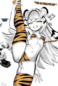 Rule 34 | 1girl, animal ear fluff, animal ears, animal print, bikini, breasts, cum, cumdrip, english text, flying sweatdrops, green eyes, grin, highres, ju fufu, kunitoro (artist), long hair, print bikini, print thighhighs, small breasts, smile, solo, split, standing, standing on one leg, standing split, swimsuit, tail, thighhighs, tiger ears, tiger print, tiger tail, zenless zone zero