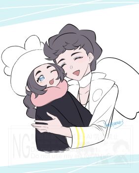 2girls ansha_(pokemon) blue_eyes braid closed_eyes diantha_(pokemon) eyeshadow grey_hair hat hug jacket makeup mother_and_daughter multiple_girls nintendo one_eye_closed open_mouth pokemon pokemon_legends:_z-a pokemon_xy upper_body yao_(evep3835)