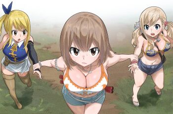 3girls bikini bikini_top_only blonde_hair blue_eyes breasts brown_eyes brown_hair cleavage colorized ctossover earrings eden&#039;s_zero elie_(rave) fairy_tail gaston18 jewelry large_breasts long_hair lucy_heartfilia mashima_hiro medium_hair midriff multiple_girls navel necklace rave_(manga) rebecca_bluegarden side_ponytail skirt swimsuit twintails