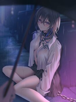 1girl 1other bdsm black_hair blue_streaks blurry blurry_foreground breasts broken broken_chain chain choppy_bangs closed_mouth collar commentary_request crossed_bangs expressionless grey_necktie grey_shirt grey_skirt hair_between_eyes haru_(haru83380282) highres ichinose_uruha long_bangs long_sleeves looking_at_viewer medium_breasts multicolored_hair navel necktie night no_bra on_ground open_clothes open_shirt out_of_frame outdoors pleated_skirt pov rain shirt sideboob sitting skirt slave solo_focus streaked_hair virtual_youtuber vspo! water_drop wet yokozuwari