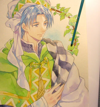 1boy agahari angelique_(series) art_tools_in_frame blue_eyes blue_hair capelet closed_mouth commentary_request earrings green_capelet hand_up hat jewelry leaf luva_(angelique) male_focus painting_(medium) photo_(medium) robe short_hair smile solo traditional_media upper_body white_hat white_robe