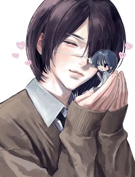 2boys blue_hair blush brown_sweater closed_eyes closed_mouth collared_shirt commentary_request eyepatch heart highres holding holding_mini_person looking_at_another male_focus medical_eyepatch mini_person miniboy multiple_boys necktie nk_6fal one_eye_closed original purple_hair shirt short_hair simple_background sweater white_background white_shirt yaoi