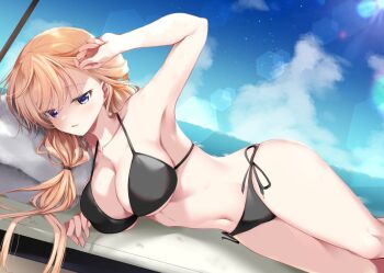 1girl araragi_ayune armpits artist_name bikini black_bikini blonde_hair blue_eyes blue_sky breasts commentary_request hand_on_own_head horizon isshiki-san_wa_koi_wo_shiritai. large_breasts long_hair looking_at_viewer lying navel ocean on_side parted_lips rinna_milford side-tie_bikini_bottom sky solo stomach swimsuit