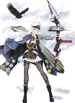 1girl absurdres alternate_costume azur_lane bald_eagle belt bird black_belt black_boots black_pantyhose boots bow_(weapon) commentary_request dress eagle energy_arrow enterprise_(azur_lane) flight_deck full_body gold_trim grim_(azur_lane) hat highres holding holding_bow_(weapon) holding_weapon long_hair long_sleeves medal pantyhose peaked_cap purple_eyes solo thigh_belt thigh_strap very_long_hair weapon white_dress white_hair white_hat xiaoli_(1507)