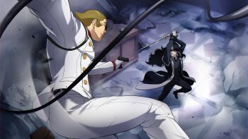 2boys absurdres ace_attorney arms_up black_coat black_footwear black_hair black_necktie black_pants black_vest bobby_fulbright boots brown_footwear brown_hair coat courtroom debris gloves gun highres holding holding_gun holding_sword holding_weapon imminent_fight jacket katana looking_at_another male_focus midair multicolored_hair multiple_boys necktie open_clothes open_coat pants phoenix_wright:_ace_attorney_-_dual_destinies ponytail red_shirt sano_(hospital_0434) shirt simon_blackquill sunglasses sword two-tone_hair vest weapon white_gloves white_hair white_jacket white_pants white_shirt