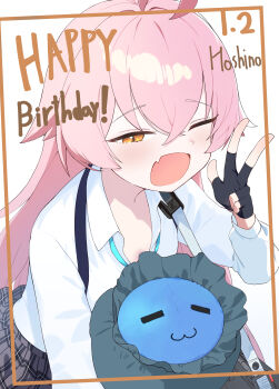 1girl absurdres ahoge black_gloves blue_archive character_name collared_shirt commentary_request dated fang gloves grey_skirt hair_between_eyes half-closed_eye happy_birthday highres hoshino_(blue_archive) long_hair long_sleeves looking_at_viewer one_eye_closed open_mouth orange_eyes pink_hair plaid_clothes plaid_skirt pleated_skirt puffy_long_sleeves puffy_sleeves raimti school_uniform shirt simple_background skirt very_long_hair w white_background white_shirt