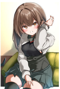 1girl blush breasts brown_eyes brown_hair commentary_request couch hair_between_eyes hakama hakama_short_skirt hakama_skirt highres indoors japanese_clothes kantai_collection kasashi_(kasasi008) long_sleeves looking_at_viewer pleated_skirt short_hair shrug_(clothing) sitting skirt small_breasts smile solo taihou_(kancolle) thighhighs
