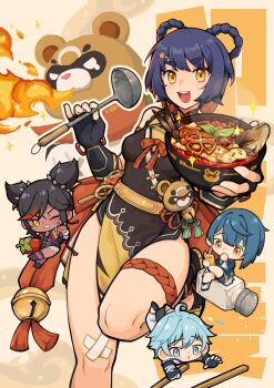 2boys 2girls ahoge bell belt black_dress black_gloves black_hair blue_gloves blue_hair bowl braid braided_hair_rings breasts chibi chili_pepper chongyun_(genshin_impact) chopsticks commentary dress fingerless_gloves fire fish foot_out_of_frame genshin_impact gloves gold_belt grin guoba_(genshin_impact) hair_rings highres holding holding_bowl holding_ladle jingle_bell kokuya_(kokuya28) ladle looking_at_viewer multiple_boys multiple_girls open_mouth pelvic_curtain purple_hair red_panda salt_shaker short_hair sleeveless sleeveless_dress small_breasts smile standing standing_on_one_leg symbol-only_commentary xiangling_(genshin_impact) xingqiu_(genshin_impact) xinyan_(genshin_impact) yellow_eyes