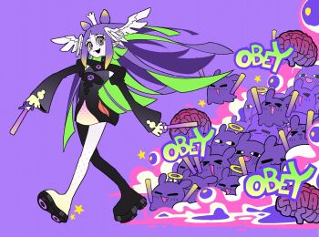 1girl black_dress blunt_bangs blunt_ends colored_inner_hair commentary crowd crown dress english_commentary feathered_wings glowstick green_hair head_wings highres hololive hololive_english juliet_sleeves long_hair long_sleeves looking_at_viewer mii_rza multicolored_hair ninomae_ina'nis puffy_sleeves purple_background purple_eyes purple_hair purple_hands tako_takover_(ninomae_ina'nis) takodachi_(ninomae_ina'nis) tentacle_hair virtual_youtuber white_wings wings