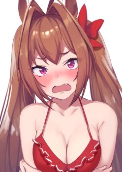1girl animal_ears bad_id bad_pixiv_id bare_shoulders bikini blush breasts brown_hair cleavage collarbone daiwa_scarlet_(mini_vacation)_(umamusume) daiwa_scarlet_(umamusume) embarrassed fang hair_intakes horse_ears horse_girl large_breasts long_hair looking_at_viewer official_alternate_costume open_mouth p_answer red_bikini red_eyes simple_background skin_fang solo swimsuit twintails umamusume upper_body very_long_hair white_background