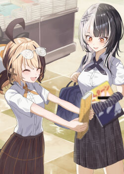 2girls absurdres black_arm_warmers black_hair black_ribbon black_skirt blonde_hair book brown_hair brown_skirt censored closed_eyes collared_shirt eyewear_on_head gigi_murin glasses grey_hair highres holding holding_book hololive hololive_english long_hair mosaic_censoring multicolored_hair multiple_girls neck_ribbon open_mouth orange_ribbon pornography ribbon satoti_chang school_uniform shiori_novella shirt skirt split-color_hair striped_arm_warmers two-tone_hair virtual_youtuber white_shirt yellow_eyes