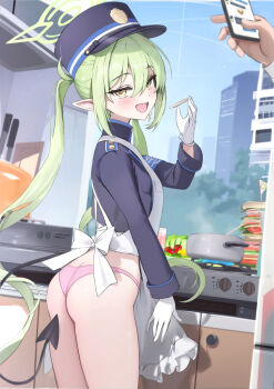 1girl apron arched_back armband ass blue_archive blush breasts cellphone cooking curvy demon_tail female_pervert food from_behind gloves green_hair halo hat highres houraku kitchen loli long_hair long_sleeves looking_at_viewer looking_back narrow_waist nozomi_(blue_archive) open_mouth panties peaked_cap pervert phone pink_panties pointy_ears seductress small_breasts smile solo_focus stove tail thighs twintails underwear very_long_hair white_apron yellow_eyes