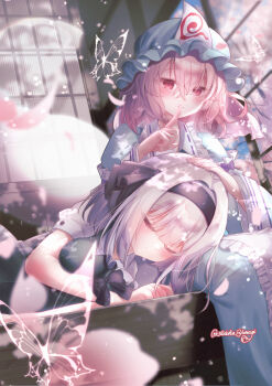 Rule 34 | 2girls, adako yunagi, black bow, black bowtie, black hairband, blue hat, blue kimono, blush, bow, bowtie, breasts, bug, butterfly, closed eyes, closed mouth, collared shirt, commentary request, falling petals, finger to mouth, frilled kimono, frills, green skirt, green vest, grey hair, hair between eyes, hairband, hat, headpat, highres, hitodama, insect, japanese clothes, kimono, konpaku youmu, konpaku youmu (ghost), lap pillow, large breasts, long sleeves, looking at viewer, mob cap, multiple girls, petals, pink eyes, pink hair, pink petals, ribbon-trimmed collar, ribbon trim, saigyouji yuyuko, shirt, shushing, sitting, skirt, skirt set, sleeve garter, smile, touhou, triangular headpiece, twitter username, undone bowtie, vest, white shirt, youmu day, yuri