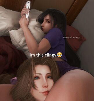 2girls aerith_gainsborough bed bedroom black_hair braid braided_ponytail brown_hair commentary crop_top curtained_hair final_fantasy final_fantasy_vii final_fantasy_vii_remake green_eyes highres long_hair looking_at_phone looking_at_viewer meme multiple_girls on_bed pajamas parted_bangs phone pillow purple_pajamas red_eyes ria_(baka-neearts) thick_lips tifa_lockhart