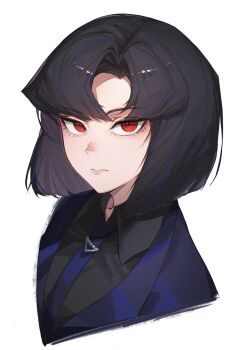 1girl araya_(project_moon) black_hair blue_hair closed_mouth commentary_request curtained_hair eyelashes highres jeehyung_seo limbus_company looking_at_viewer medium_hair multicolored_hair project_moon red_eyes simple_background solo streaked_hair two-tone_hair upper_body white_background