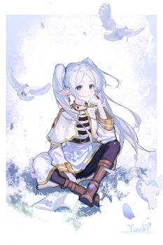 Rule 34 | 1girl, absurdres, belt, bird, black pantyhose, book, boots, border, brown boots, capelet, chinese commentary, closed mouth, commentary request, dress, earrings, elf, frieren, full body, green eyes, hand on own chin, highres, jewelry, long hair, long sleeves, looking at viewer, open book, outside border, pantyhose, parted bangs, petals, pigeon, pointy ears, signature, sitting, solo, sousou no frieren, teardrop earrings, twintails, white border, white capelet, white dress, white hair, yuuki (yuuki08435994)