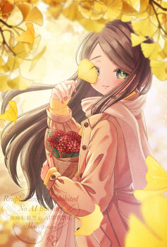 1girl autumn blurry blurry_background blurry_foreground bouquet brown_hair coat commentary_request flower from_side ginkgo_leaf green_eyes hanaringo_apple high_collar highres holding holding_bouquet holding_leaf leaf long_hair long_sleeves looking_at_viewer nail_polish original scarf skirt sleeves_past_wrists smile solo very_long_hair watermark