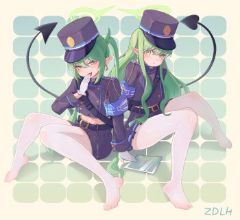 2girls absurdres blue_archive covering_own_mouth demon_tail feet green_hair hand_over_own_mouth hat highres hikari_(blue_archive) light_blush long_hair looking_at_viewer multiple_girls nozomi_(blue_archive) open_mouth pantyhose parted_lips tail toes twintails white_pantyhose yellow_eyes zdlh