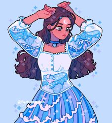 1girl arms_up artist_name avatar:_the_last_airbender avatar_legends beads blue_background blue_choker blue_clouds blue_dress blue_skirt brown_eyes brown_hair buttons choker constellation crescent crescent_facial_mark crescent_moon dark-skinned_female dark_skin dress emily_kim facial_mark forehead_mark frilled_sleeves frills hair_beads hair_ornament highres jewelry katara lace lace-trimmed_dress lace_trim liquid long_hair looking_to_the_side meyoco_(style) moon necklace open_mouth print_skirt see-through_clothes see-through_sleeves simple_background skirt three-quarter_sleeves sparkle wave_print waves wavy_hair