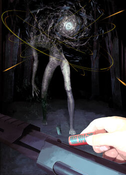 2others barefoot dark eldritch_abomination forest gun holding horror_(theme) looking_at_viewer monster multiple_others nature night original outdoors reloading shotgun solo_focus toy(e) weapon