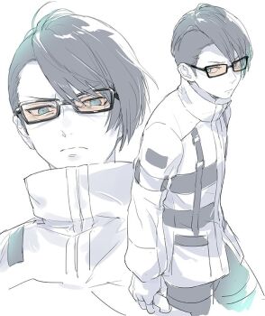 Rule 34 | 1boy, black-framed eyewear, blue eyes, closed mouth, coat, collared coat, commentary, frown, glasses, isa (peien516), long sleeves, looking down, looking to the side, male focus, pants, persona, persona 3, popped collar, shirato jin, sideways glance, simple background, swept bangs, v-shaped eyebrows, white background
