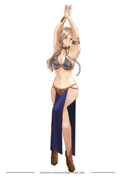 1girl absurdres alternate_costume alternate_hairstyle armlet armpits arms_up bare_arms bare_legs blonde_hair blue_eyes braid braided_ponytail breasts chain chain_leash cleavage commentary commission cosplay crossed_legs dancer dancing english_commentary fire_emblem fire_emblem:_three_houses highres huttslayer_leia jewelry large_breasts leash looking_at_viewer mercedes_von_martritz metal_bikini metal_bra navel nintendo pelvic_curtain princess_leia princess_leia_(cosplay) revealing_clothes rod_langhi sideboob simple_background solo star_wars star_wars:_return_of_the_jedi stomach white_background