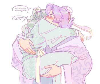 1boy 1girl amonimy aoqun beads blush bun_cover carrying carrying_person chinese_clothes closed_eyes double_bun floral_print flower green_hair green_hanfu green_robe hair_beads hair_bun hair_flower hair_ornament hair_ribbon half_updo hanfu hetero highres jinshi_(kusuriya_no_hitorigoto) kusuriya_no_hitorigoto long_hair maomao_(kusuriya_no_hitorigoto) parted_bangs pastel_colors purple_eyes purple_hair ribbon robe simple_background single_hair_bun sketch speech_bubble upper_body white_background white_ribbon wide_sleeves