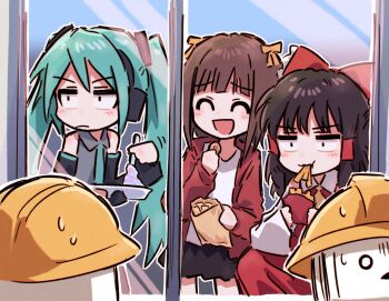 Rule 34 | 2024 niconico cyberattack, 3girls, ^ ^, alternate eye color, amami haruka, black eyes, black hair, black skirt, black sleeves, blue hair, blue necktie, blush, bow, brown hair, closed eyes, closed mouth, collared shirt, commentary request, constricted pupils, crossover, detached sleeves, downtown no gaki no tsukai ya arahende!!, eating, food, food in mouth, french fries, from inside, frown, furrowed brow, gloom (expression), grey shirt, hair bow, hair ribbon, hair tubes, hakurei reimu, hard hat, hatsune miku, headphones, helmet, holding, holding food, holding plate, idolmaster, idolmaster (classic), jacket, long hair, long sleeves, looking at another, looking inside, medium hair, multiple crossover, multiple girls, necktie, nerunerunerune, nervous sweating, niconico, o o, open clothes, open jacket, open mouth, plate, red bow, red jacket, red skirt, revision, ribbon, shirt, skirt, sleeveless, sleeveless shirt, smile, squatting, sweat, terebi-chan, touhou, twintails, v-shaped eyebrows, vocaloid, waiting, white shirt, white sleeves, window, yellow ribbon, yukitake (bullfalk)