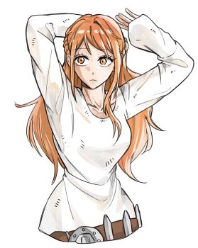01ixzen9572 1girl arms_up belt belt_buckle braid breasts buckle closed_mouth collarbone commentary_request half_up_braid highres korean_commentary long_hair long_shirt medium_breasts nami_(one_piece) official_alternate_costume one_piece orange_eyes orange_hair shirt sidelocks sleeves_past_wrists solo upper_body white_background white_shirt