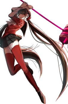 1girl black_hair blunt_bangs brown_hair commentary_request danganronpa_(series) danganronpa_v3:_killing_harmony hair_ornament hair_scrunchie hammer harukawa_maki highres holding holding_hammer hotaru_ishi_0mm long_hair long_sleeves looking_at_viewer low_twintails mole mole_under_eye pleated_skirt red_eyes red_scrunchie red_shirt red_thighhighs sailor_collar school_uniform scrunchie shirt skirt solo thighhighs twintails