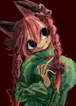 1girl absurdres animal_ears black_eyes bow braid braided_sidelock c: cat_ears collar dress frilled_shirt_collar frills green_dress hair_between_eyes hair_bow hair_over_eyes hand_up head_tilt highres impressionism kaenbyou_rin long_hair looking_to_the_side low-tied_sidelocks omaega_chan out_of_frame red_background red_bow red_collar red_hair sidelocks smile solo straight-on touhou twin_braids upper_body wide-eyed