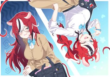 absurdres animal_ears bag black_hair blue_bow blue_eyes bow brown_sweater cafelittle clothes_around_waist commentary_request glasses hair_ornament hair_scrunchie hakos_baelz highres hololive hololive_english long_hair looking_at_viewer mouse_ears mouse_girl mouse_tail multicolored_hair open_mouth red_hair school_bag scrunchie side_ponytail smile streaked_hair sweater sweater_around_waist tail virtual_youtuber white_hair wrist_scrunchie