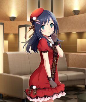 1girl aqua_eyes bell beret blue_hair blush bow brown_bow brown_gloves brown_ribbon ceiling_light closed_mouth couch cowboy_shot dot_nose dress game_cg gloves hair_ribbon hand_up hat hat_bow indoors jewelry layered_skirt looking_at_viewer necklace official_art pink_skirt plaid_bow plaid_ribbon pom_pom_(clothes) red_dress red_hat red_skirt ribbon short_sleeves skirt solo subara_rika third-party_source tile_floor tiled_floor tiles tilted_headwear toji_no_miko toji_no_miko:_kizamishi_issen_no_tomoshibi