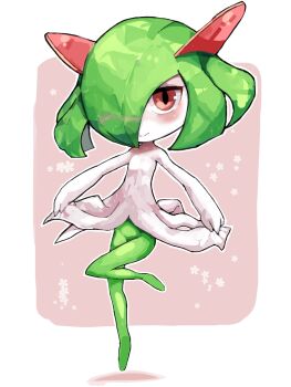 Rule 34 | 1girl, blush, border, closed mouth, colored skin, curtsey, female focus, flat chest, full body, gen 3 pokemon, green skin, hair over one eye, kirlia, leg up, looking at viewer, medium hair, multicolored skin, nintendo, nose blush, one eye covered, outline, outside border, pink background, pokemon, pokemon (creature), rr (user hcrd3433), sidelocks, simple background, solo, standing, standing on one leg, two-tone skin, white border, white outline, white skin