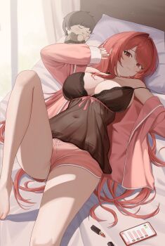 1girl absurdres babydoll black_babydoll black_choker black_nightgown blush breasts cellphone character_doll choker cleavage closed_mouth commander_(nikke) commentary doll dolphin_shorts goddess_of_victory:_nikke highres jacket knee_up large_breasts lipstick long_hair looking_at_viewer lying makeup nightgown official_alternate_costume official_alternate_hair_color on_back on_bed open_clothes open_jacket pajamas phone pillow pink_jacket pink_pajamas pink_shorts rapi_(nikke) rapi_(red_hood)_(cherished_red)_(nikke) rapi_(red_hood)_(nikke) red_eyes red_hair see-through_clothes see-through_nightgown shorts sleepwear smartphone solo very_long_hair zanmangkkoon