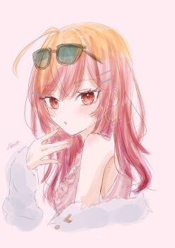 1girl absurdres ahoge akina_(user_ucnd3578) black-framed_eyewear earrings eyewear_on_head gold_earrings hair_ornament hairpin highres hololive hololive_dev_is ichijou_ririka ichijou_ririka_(1st_costume) jacket jewelry long_hair looking_at_viewer open_mouth orange_eyes orange_hair pink_shirt shirt solo sunglasses virtual_youtuber white_jacket