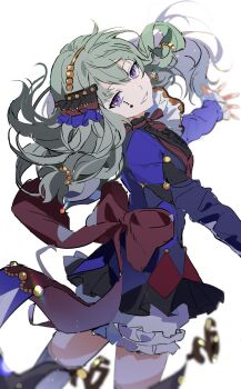 1girl back_bow bad_id bad_twitter_id blue_dress bow center_frills crossed_bangs dress earrings facial_mark frilled_dress frills from_behind green_hair hair_between_eyes hair_ornament hairband highres iwatnc jewelry kusanagi_nene long_hair long_sleeves looking_at_viewer looking_back looking_to_the_side low-tied_sidelocks mark_under_eye multicolored_dress neck_ribbon official_alternate_costume outstretched_arms parted_lips project_sekai puffy_long_sleeves puffy_shorts puffy_sleeves purple_eyes red_bow red_ribbon ribbon shorts sidelocks simple_background solo standing star_(symbol) star_facial_mark striped_clothes striped_thighhighs ten_no_hate_no_phoenix_e_(project_sekai) thighhighs turning_head upper_body white_background white_shorts