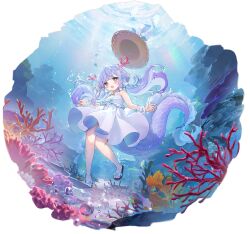 Rule 34 | 1girl, air bubble, azur lane, bare shoulders, black footwear, blank eyes, blue eyes, blue hair, blush, bubble, coral, dragon girl, dragon horns, dragon tail, dress, frilled dress, frills, hat, highres, horns, jewelry, logo, lung wu (azur lane), lung wu (invitation to jade seas) (azur lane), necklace, non-web source, official alternate costume, official art, open mouth, red horns, sandals, shaded face, shell, shell necklace, shnva, short dress, sleeveless, sleeveless dress, smile, smug, solo, sparkle, sparkling eyes, sun hat, symbol-shaped pupils, tail, underwater, white dress