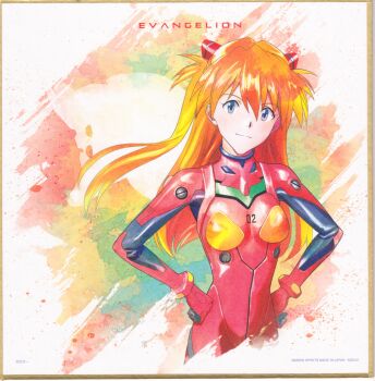 1girl absurdres bandai blue_eyes bodysuit breasts brown_hair copyright_name eva_02 hair_between_eyes highres long_hair looking_at_viewer mecha mecha_pilot_suit medium_breasts neon_genesis_evangelion non-web_source official_art plugsuit_(evangelion) red_bodysuit robot scan shikishi shiny_clothes simple_background smile solo souryuu_asuka_langley twintails two_side_up upper_body white_background wide_hips